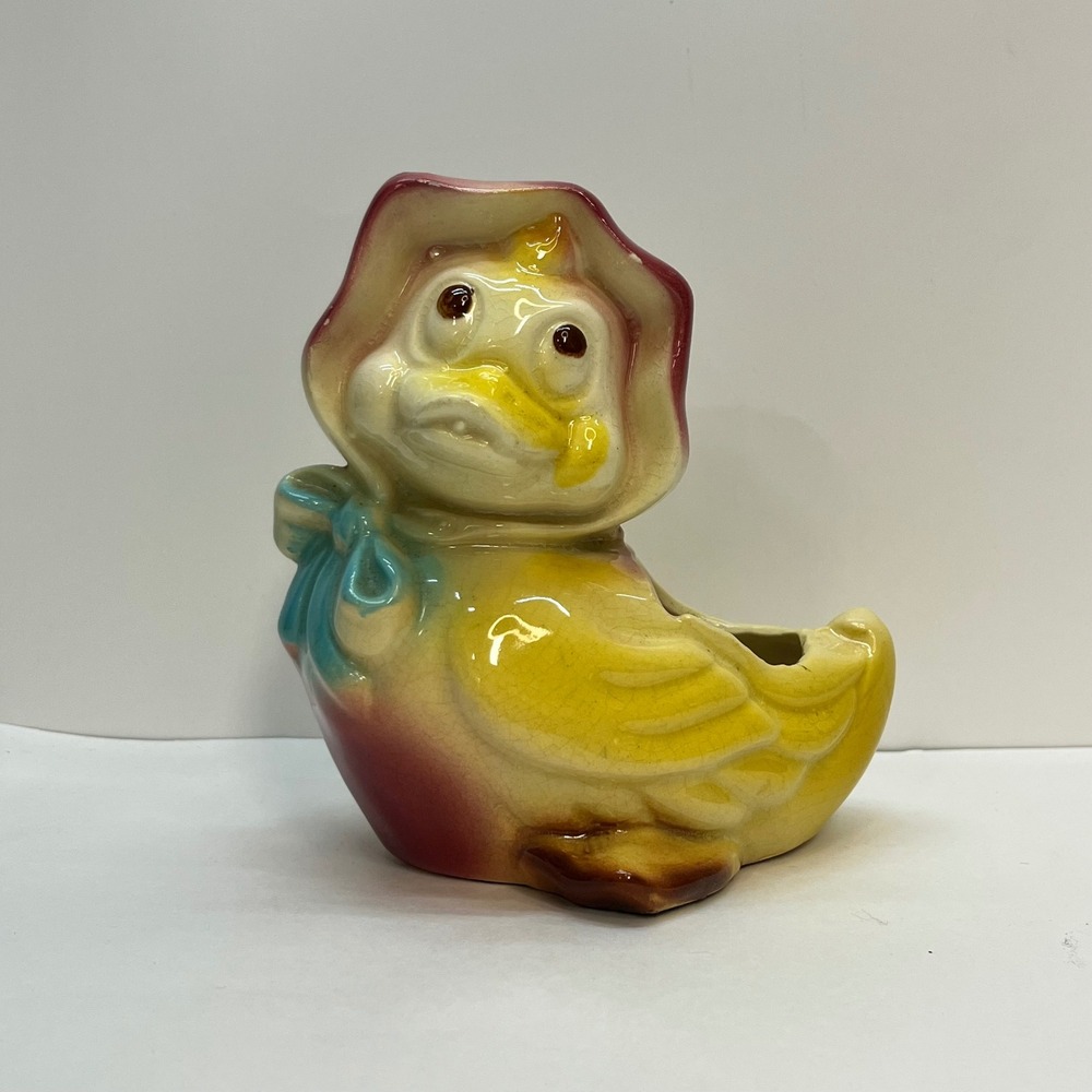 Vtg Ceramic Duck Planter Yellow Pink Bonnet Blue Bow Mid Century Pottery 5.5"